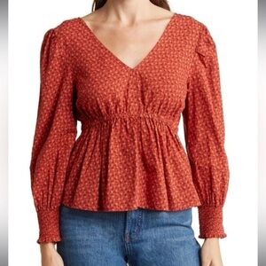 Madewell Tie-Back Peplum Top in Campden Daisies Orange 100% Cotton Size XS